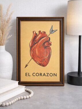 Sapna Shah NIB El Corazon Heart Wall Art 12x18 Loteria Mexican Print Framed